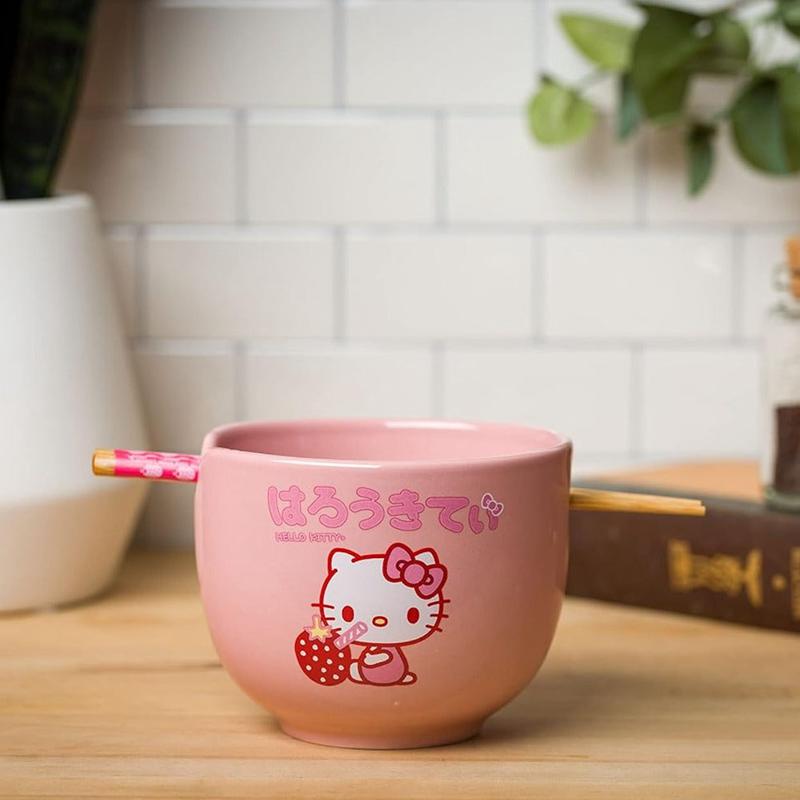 Sanrio Hello Kitty Ceramic Ramen Bowl and Chopstick Set (Strawberry Milk) Sanrio Characters Bowl  USA |  CPZJN-6239