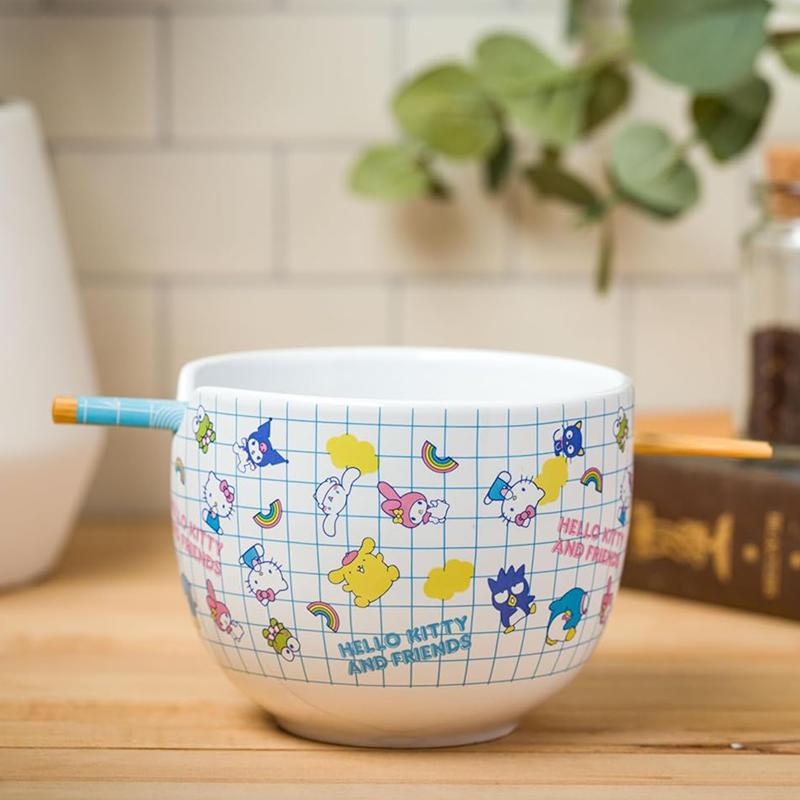 Sanrio Hello Kitty and Friends Ceramic Ramen Bowl and Chopstick Set (Color Grid) Sanrio Characters Bowl  USA |  ZPMFJ-5046