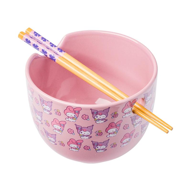 Sanrio My Melody & Kuromi Ceramic Ramen Bowl and Chopstick Set (Pastel Flowers) Sanrio Characters Bowl  USA |  IARZQ-7169
