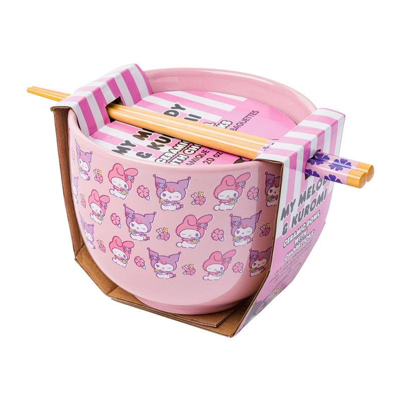 Sanrio My Melody & Kuromi Ceramic Ramen Bowl and Chopstick Set (Pastel Flowers) Sanrio Characters Bowl  USA |  IARZQ-7169