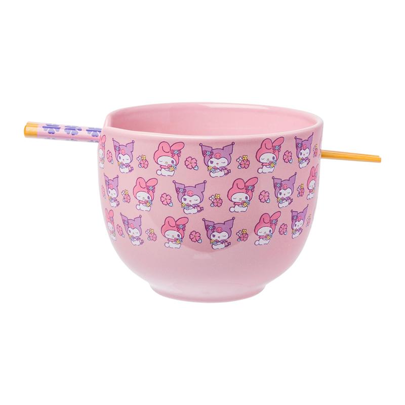 Sanrio My Melody & Kuromi Ceramic Ramen Bowl and Chopstick Set (Pastel Flowers) Sanrio Characters Bowl  USA |  IARZQ-7169